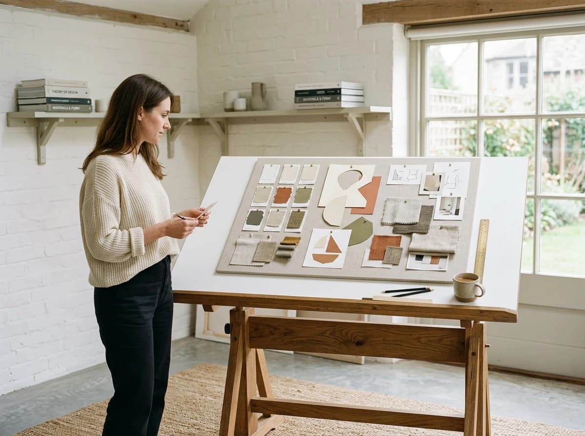 A well-lit, minimalist design studio space with a large, clean white table, a mood board covered in physical color swatches and abstract shapes, and several professional design books. No computers, screens, or identifiable text are visible, emphasizing a creative, analog design environment.