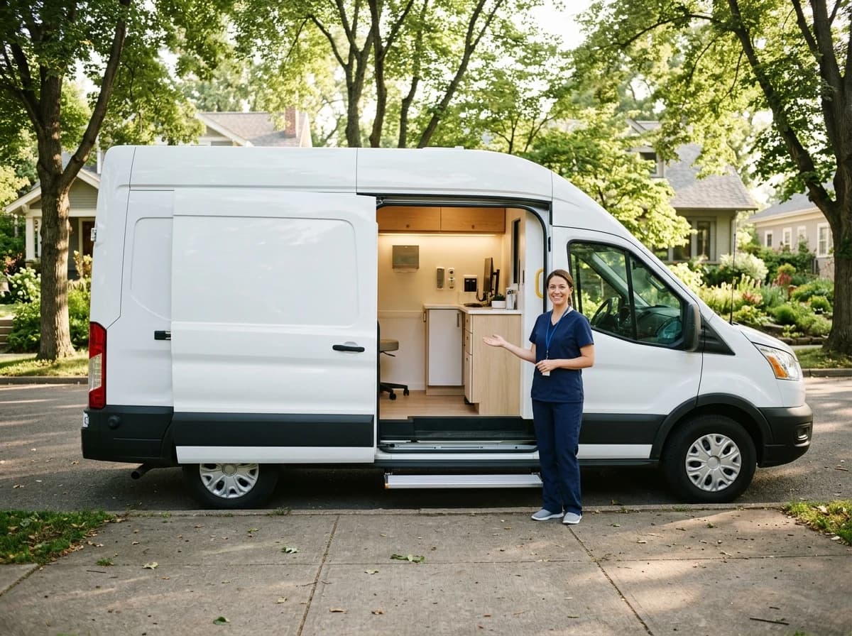 Plain unbranded mobile clinic van parked on a quiet residential street