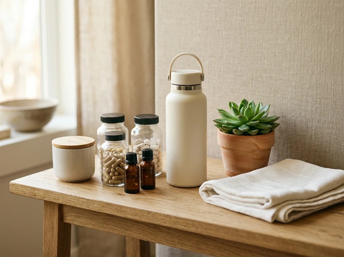 A thoughtfully arranged still life of various wellness products: vitamins, a water bottle, and a small plant.