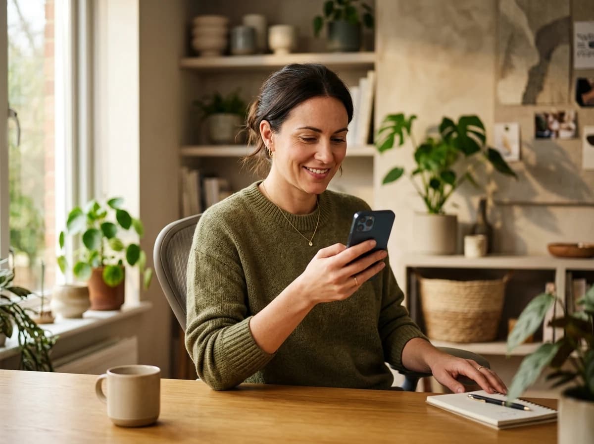 An adult in a relaxed setting, looking at their phone with a subtly positive and engaged expression, representing a successful mobile interaction.