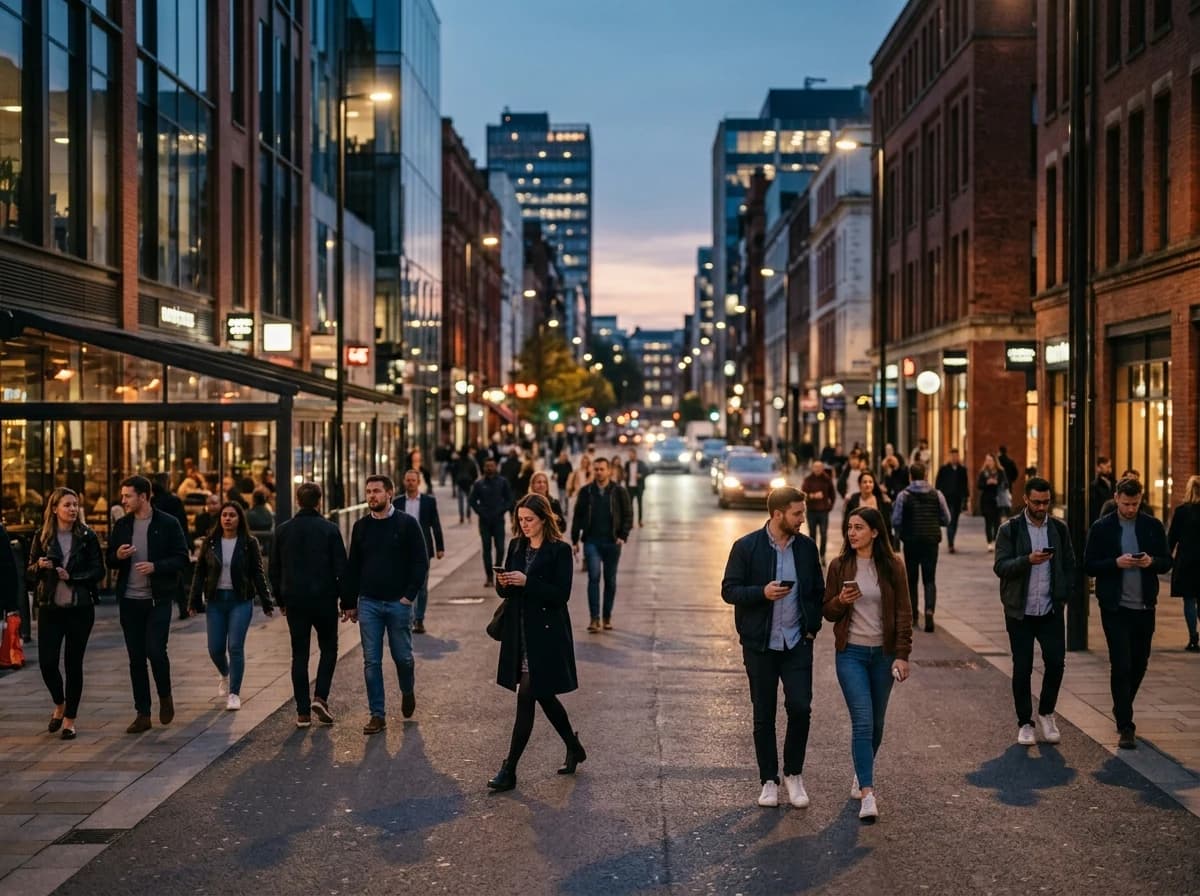 Vibrant wide shot of diverse adults in a bustling urban environment, subtly interacting with their phones in a natural, candid way, representing a broad mobile audience.