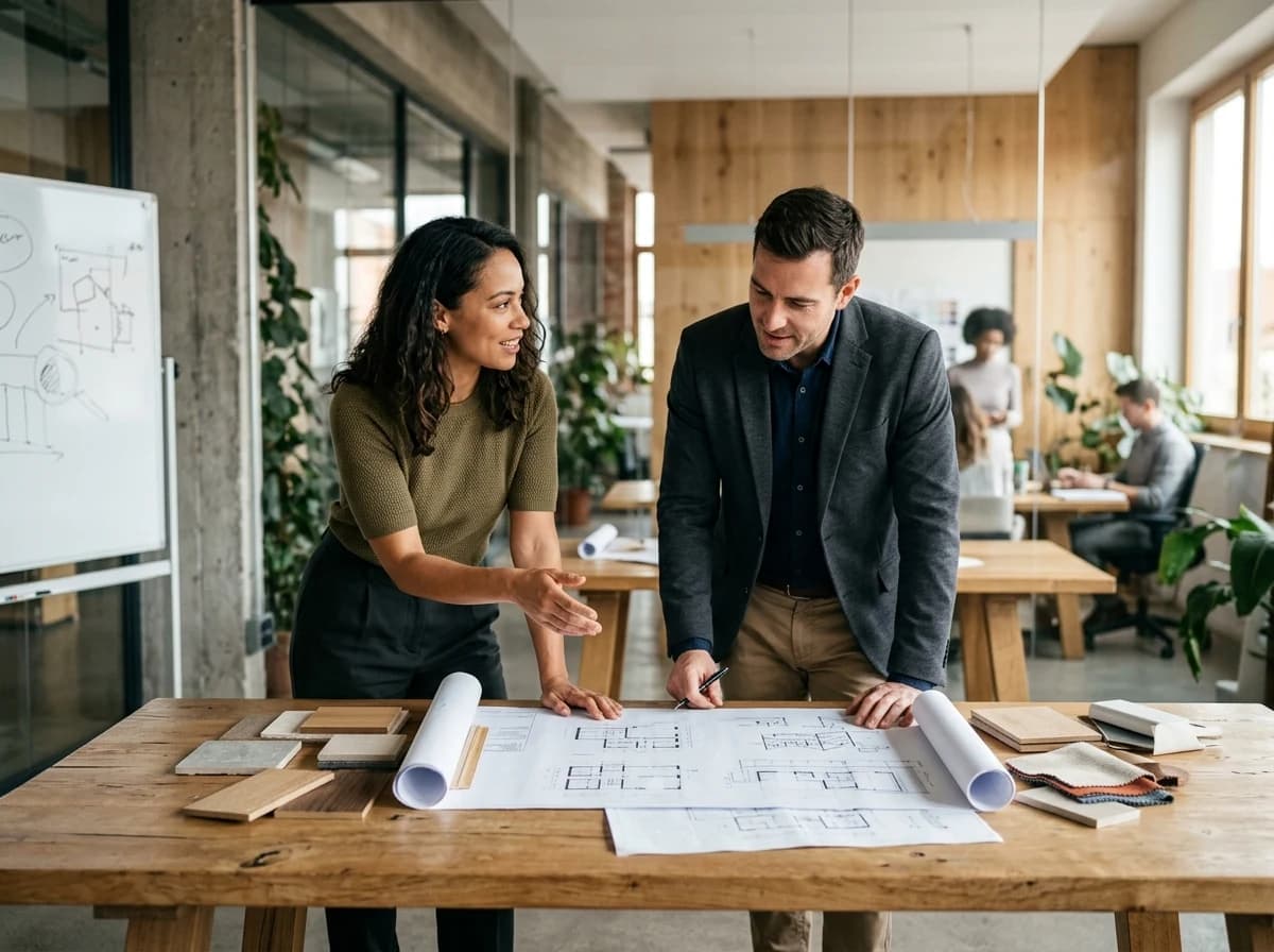 Two adult professionals discussing architectural plans and material samples in a well-lit modern office space