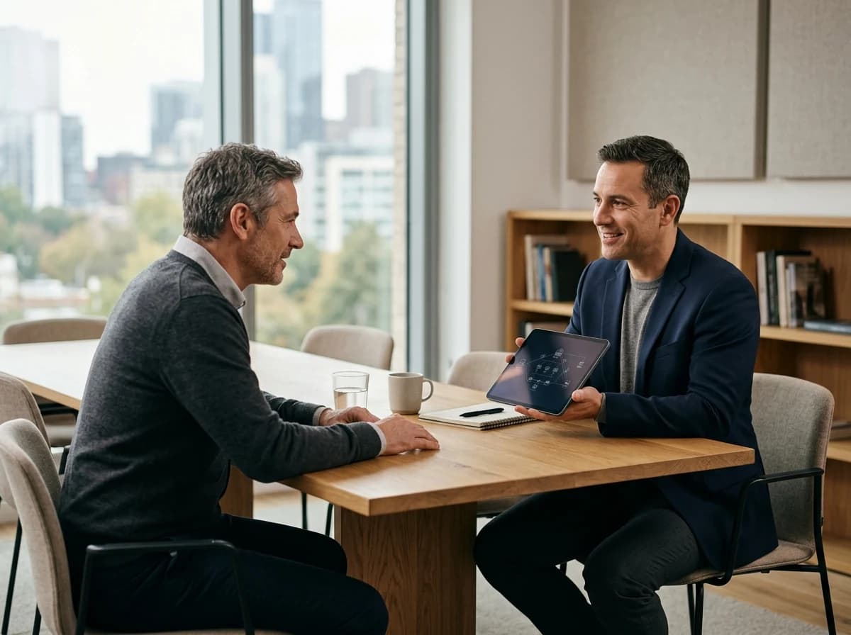 Network consultant explaining a secure network solution to a client in a professional meeting room.