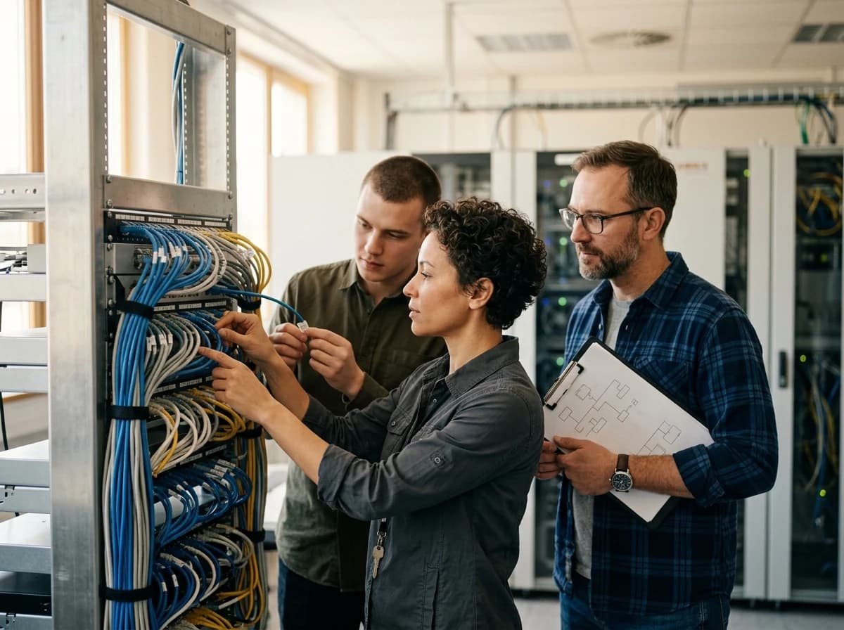 Three fictional adult network engineers inspecting a physical patch panel and neatly arranged Ethernet connections in a bright server maintenance area, no holograms