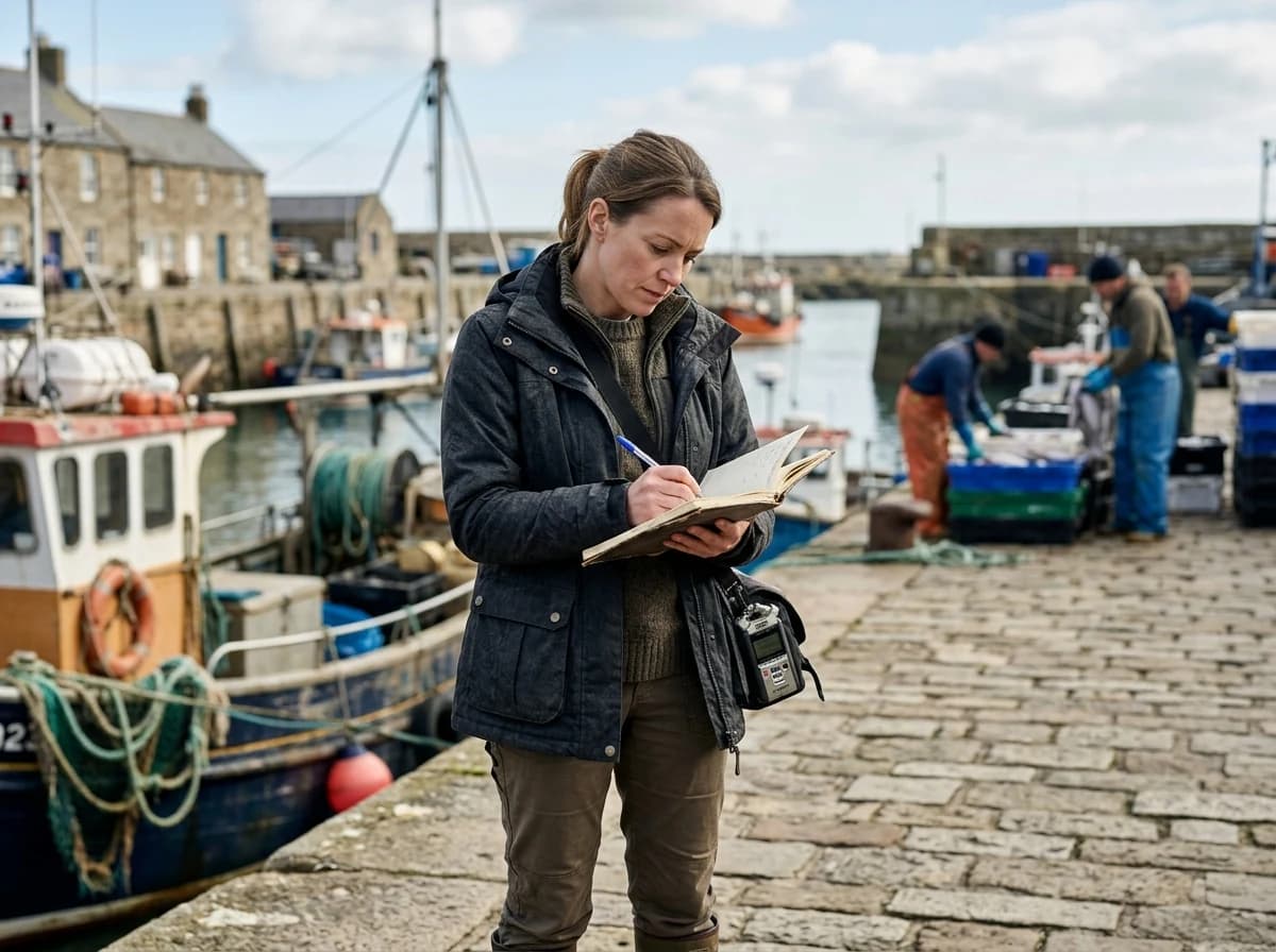 Fictional adult field reporter making notes at a working harbor with fishing boats and stone quays softly blurred behind
