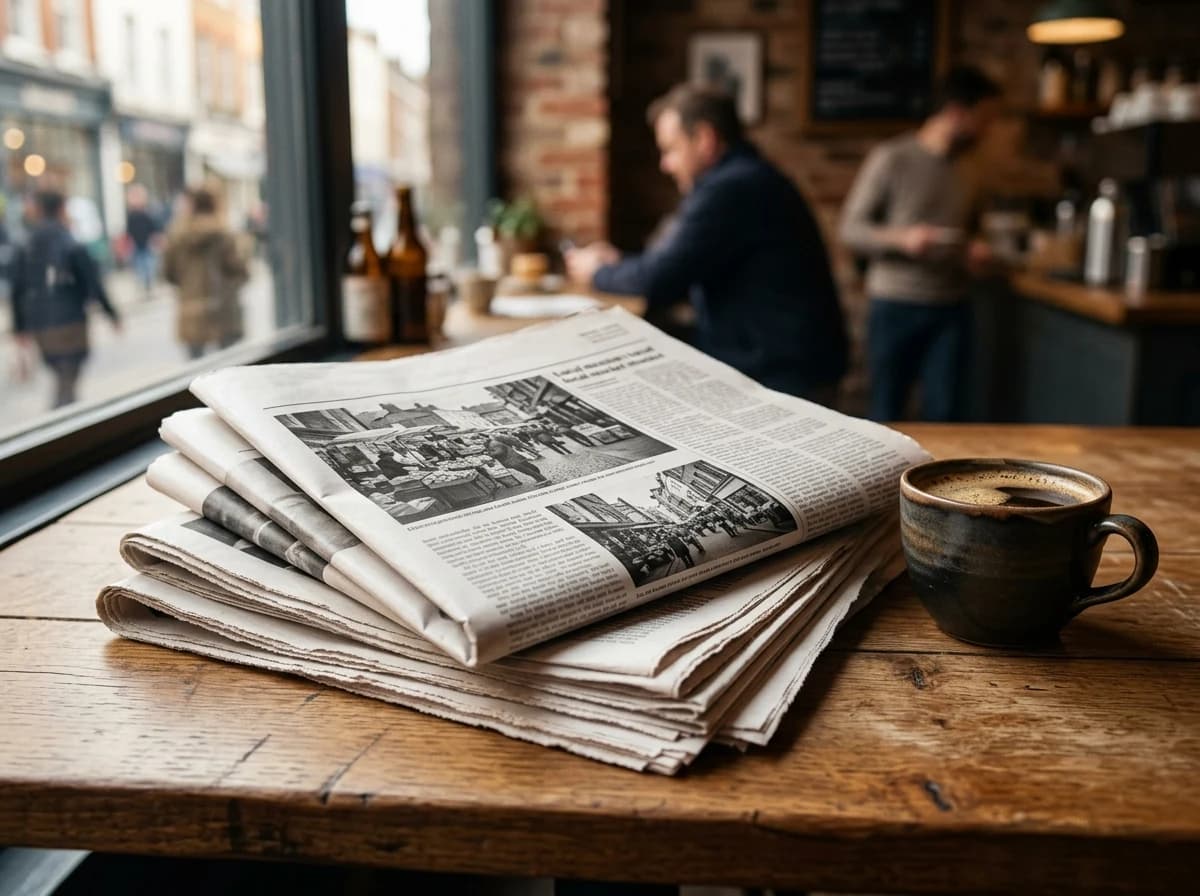 Folded newspapers with small editorial photographs stacked beside a cup of coffee on a cafe table.