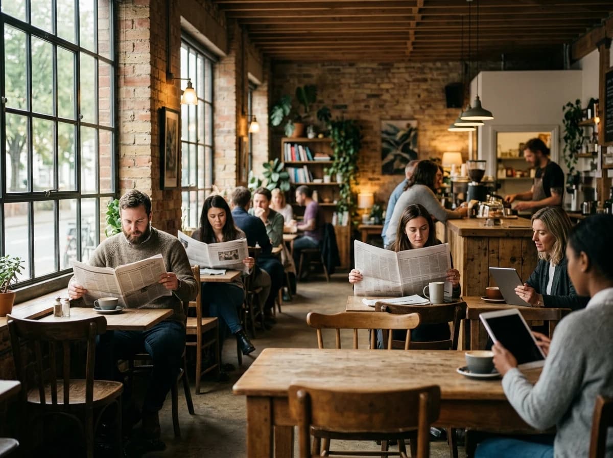 People reading a local newspaper in a community cafe, engaged and informed.