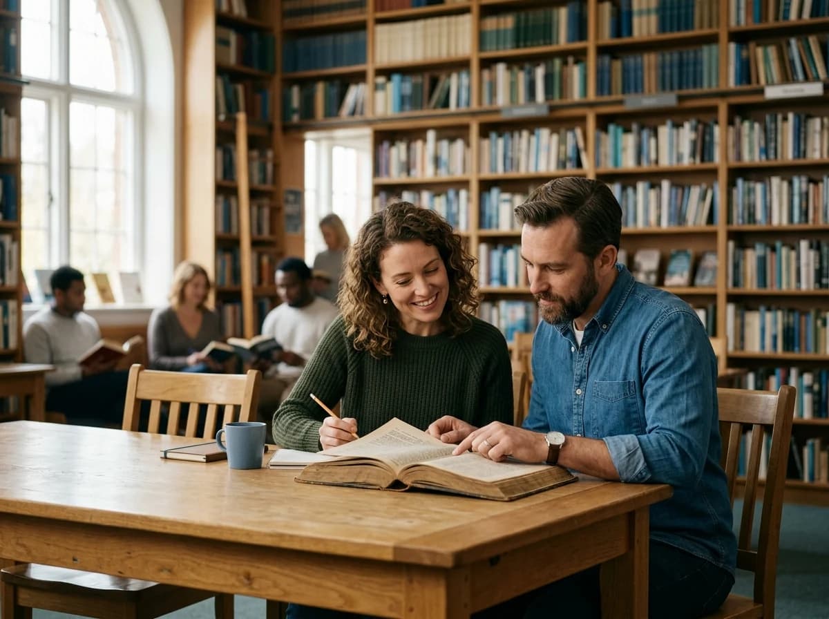 Two adults engaged in shared reading at a community library table, surrounded by bookshelves in a bright, inviting space.