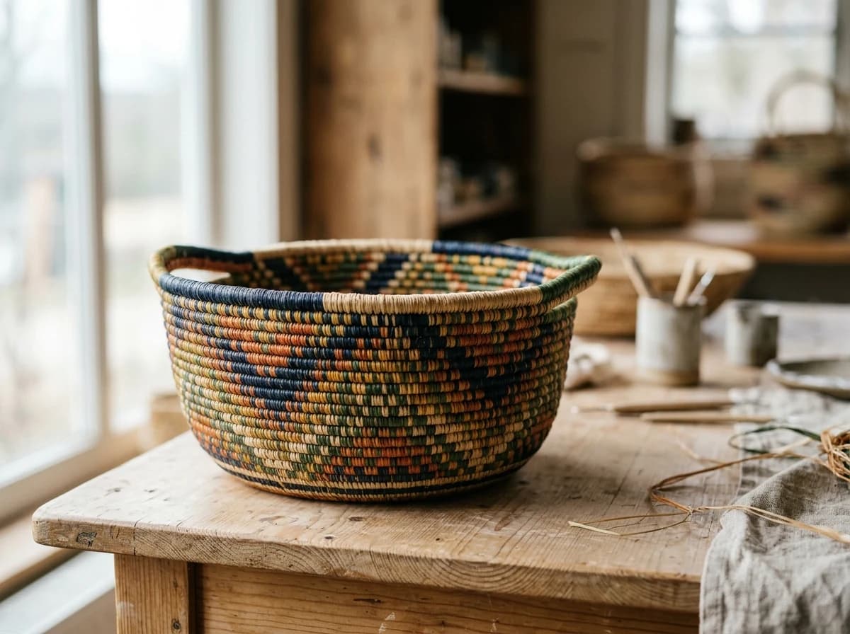 Close-up of a colorful, handcrafted woven basket with intricate patterns, displayed on a simple wooden table with natural light.