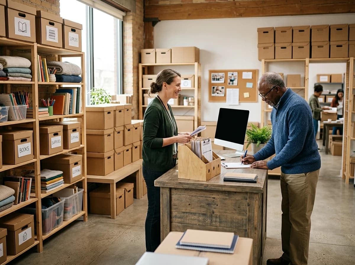A bright community nonprofit resource room with neatly packed donation boxes, organized shelves and a volunteer check-in desk.