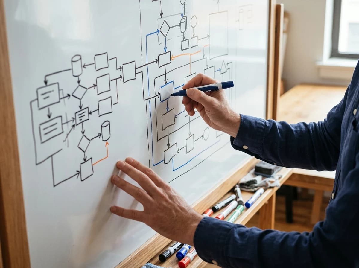 Adult's hands sketching software architecture on a whiteboard with markers.
