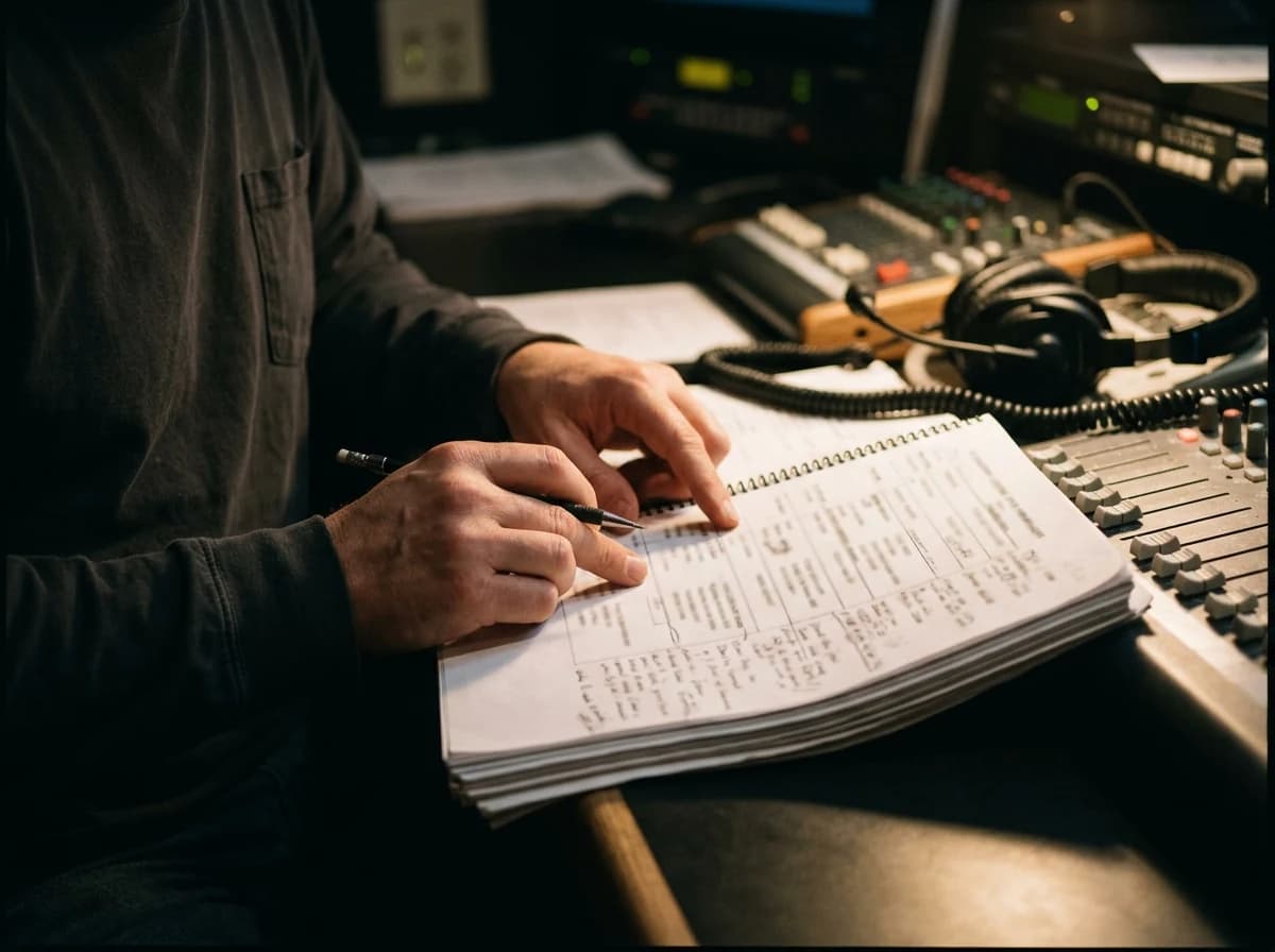 Close-up of a stage manager's hands reviewing a detailed cue sheet at a control booth console.