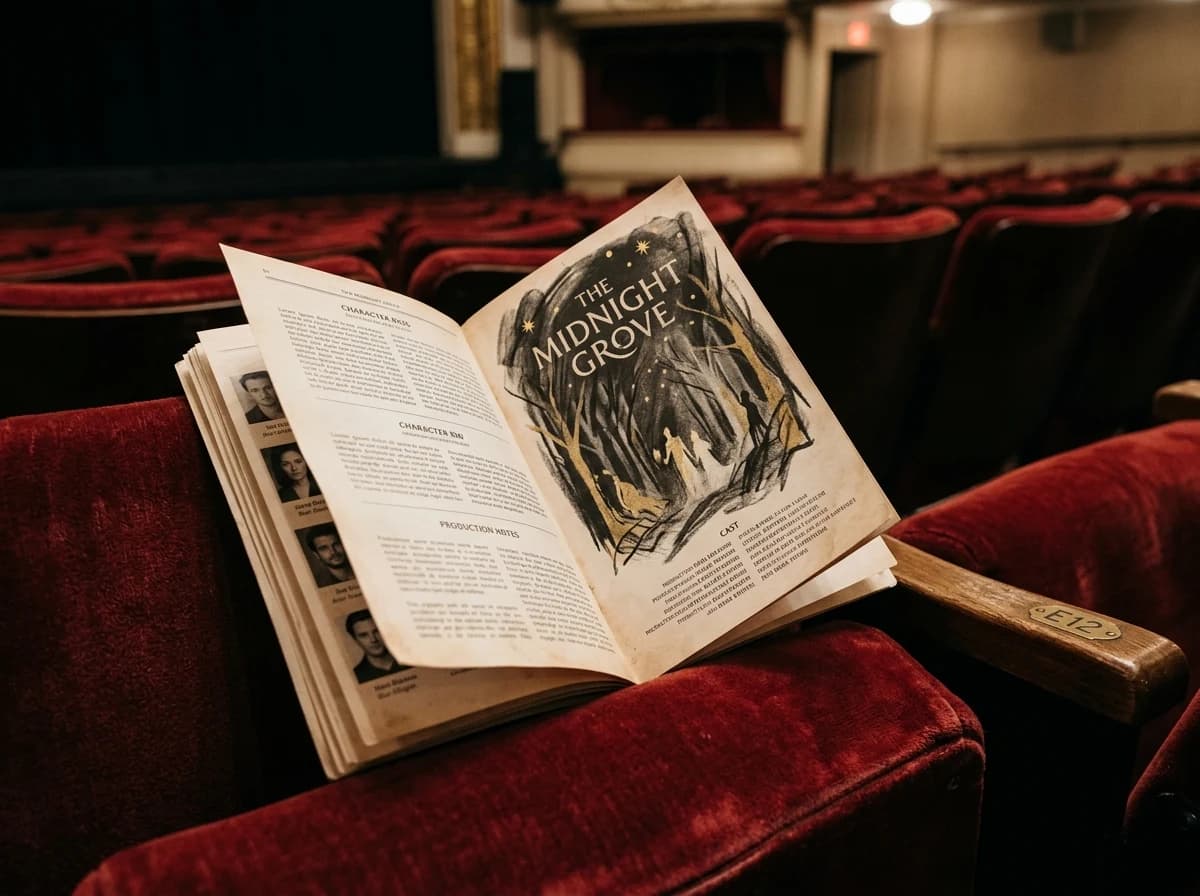 An elegantly designed theater playbill resting open on a plush red velvet theater seat.