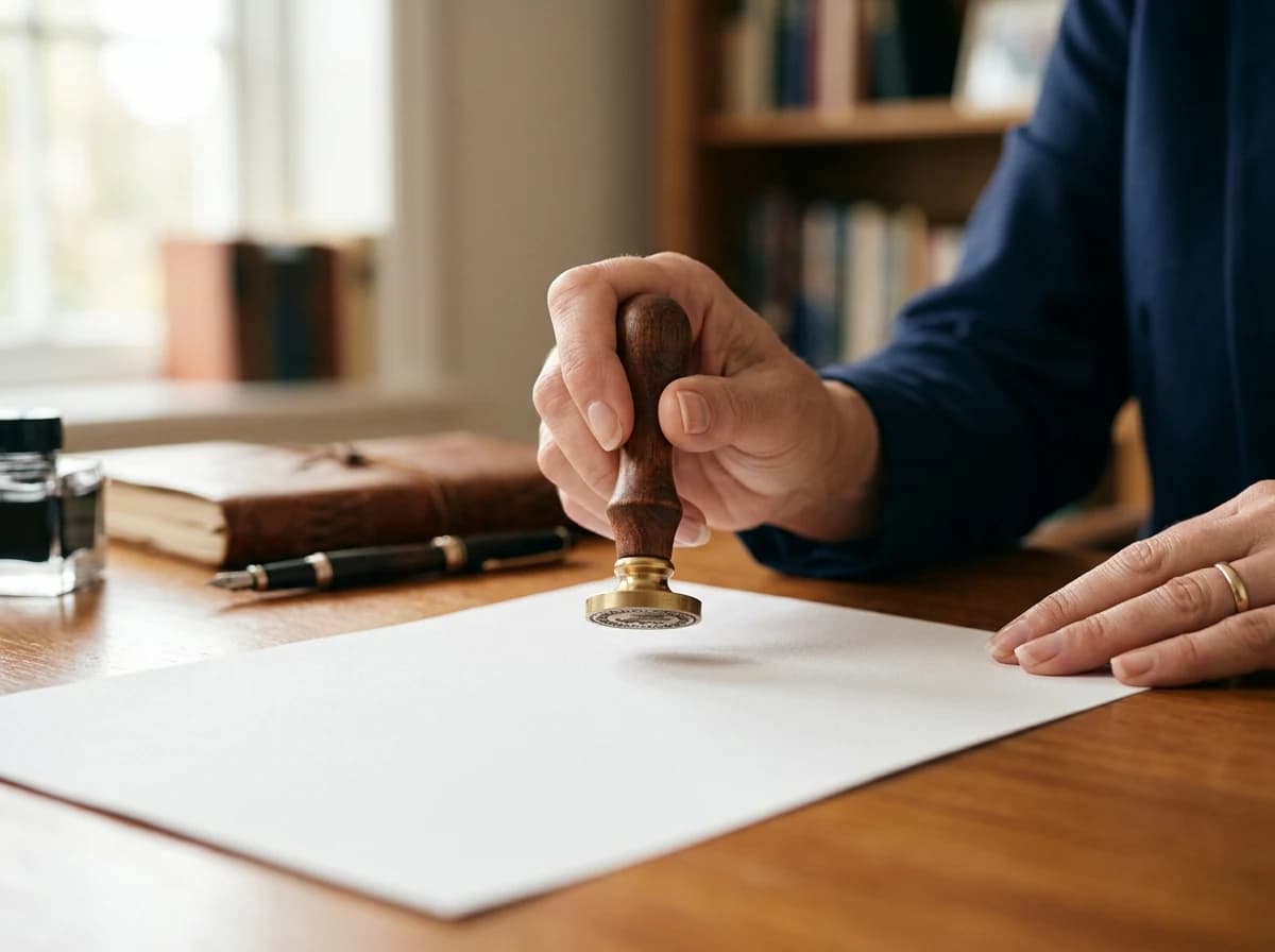 A close-up of an adult's hand holding a notary stamp, poised above a blank document, ready to apply the seal. The background is blurred, focusing on the precise act of authentication.
