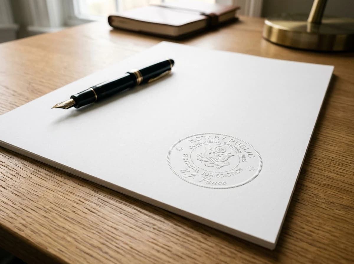 A close-up of a generic notary seal impression on a blank white document, with a formal pen resting nearby. The focus is on the tangible act of notarization, with no readable text on the document.