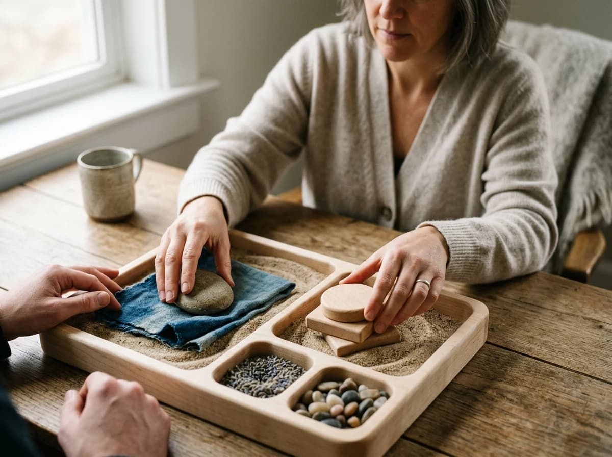 An adult therapist’s hands demonstrating a tactile activity with smooth wooden shapes, textured fabric and sand in a shallow sensory tray.