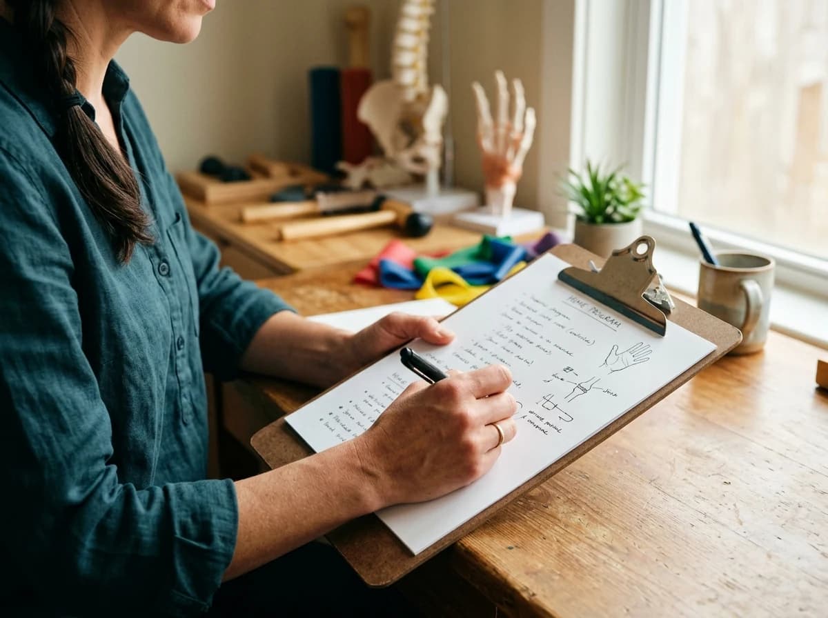 Occupational therapist's hands writing notes on a clipboard with therapy tools in soft focus.