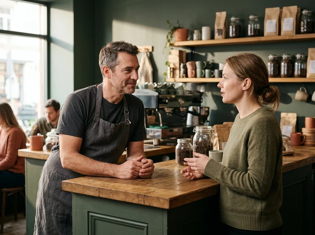 An adult cafe owner listening attentively to an adult customer across a welcoming counter, calm expressions and neutral body language.