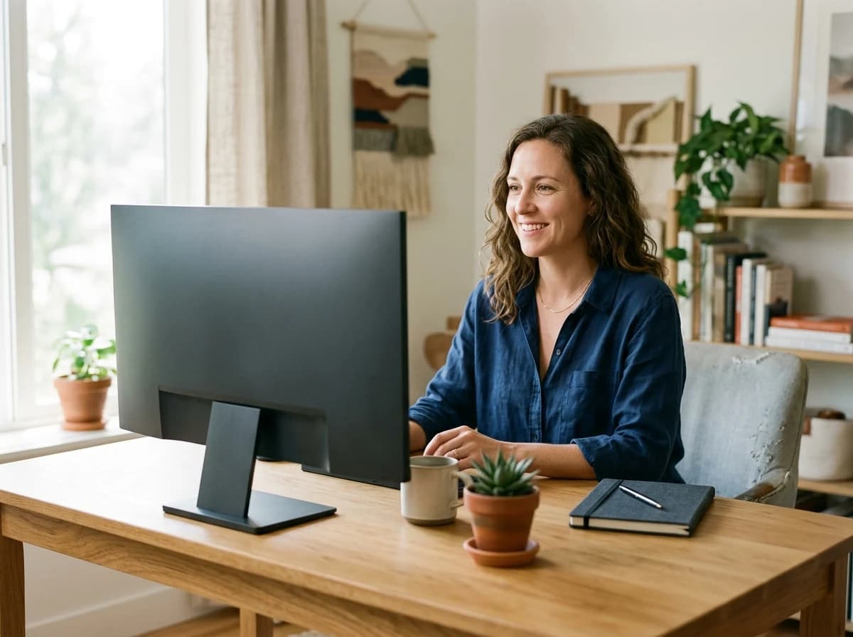 Independent business owner at a calm office desk with a plain desktop monitor, notebook and coffee cup.