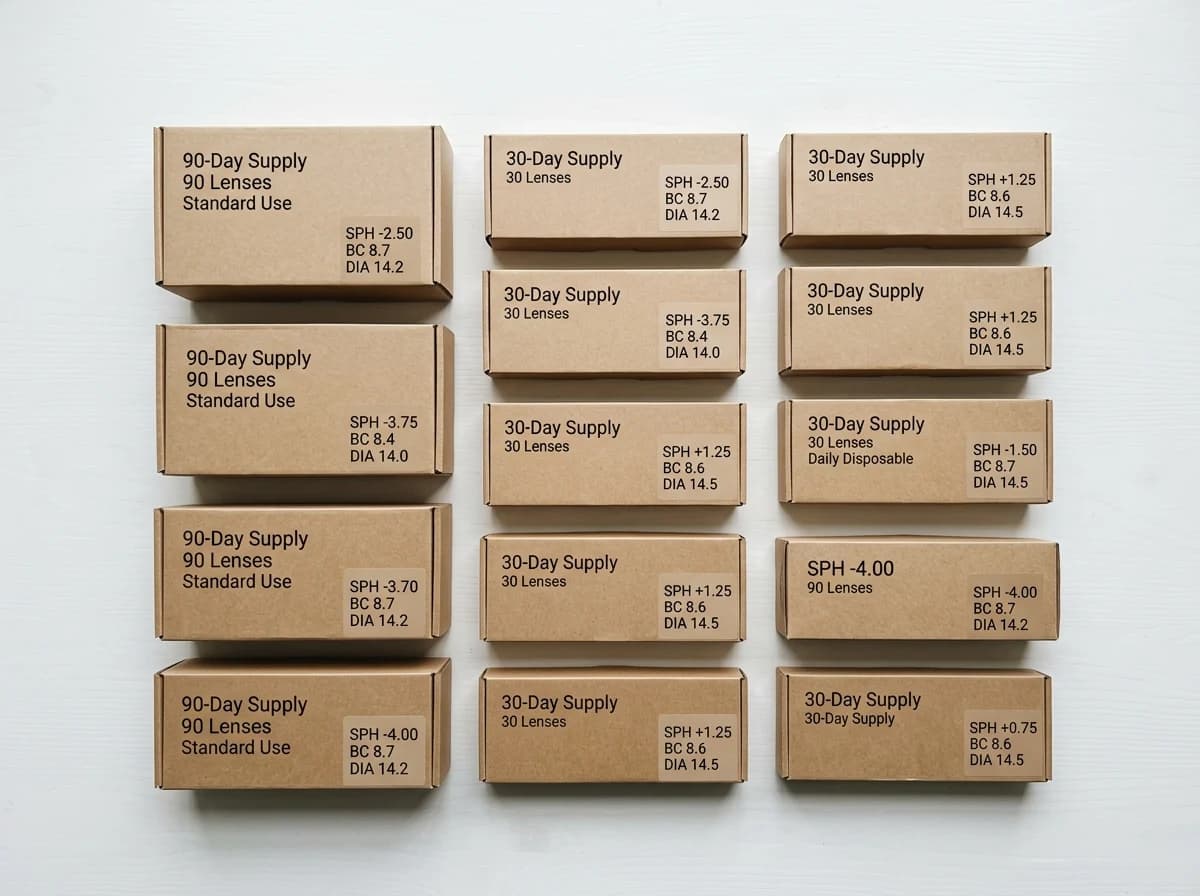 Various generic contact lens boxes on a clean surface, showing different 'pack sizes' and brands.