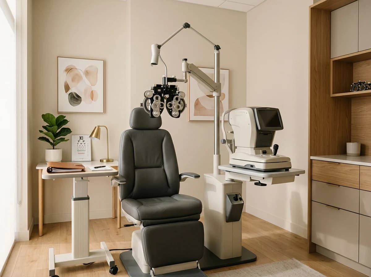 A clean, modern optometry examination room with professional equipment and a comfortable chair.