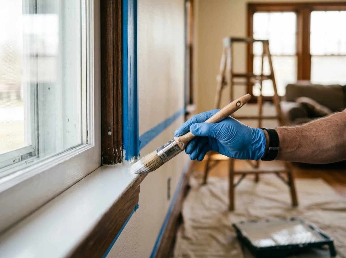 Close-up of a painter's gloved hand meticulously applying paint to trim with a brush.