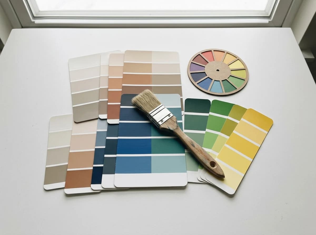 Arrangement of various paint swatches, color cards, and a color wheel on a clean white surface.