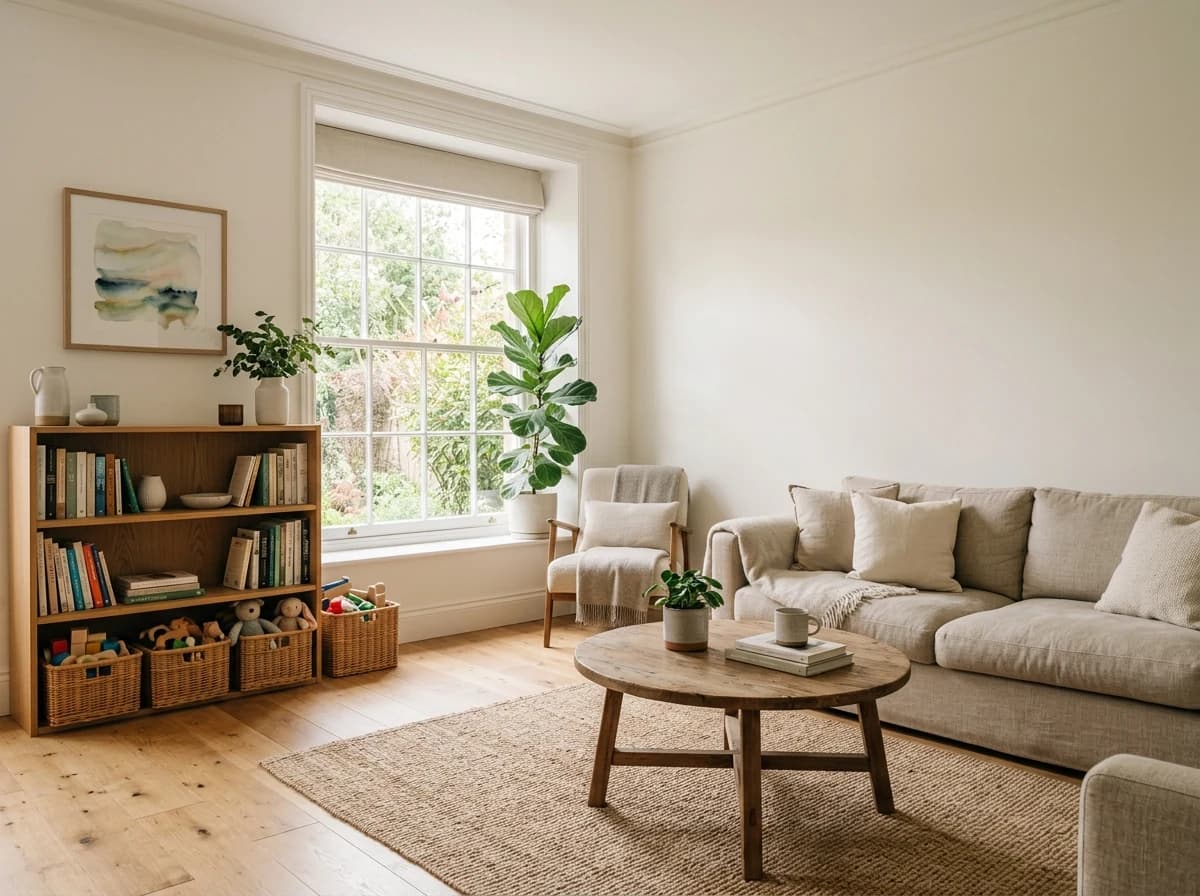 Bright, calm living room with comfortable sofa and children's toys neatly stored.