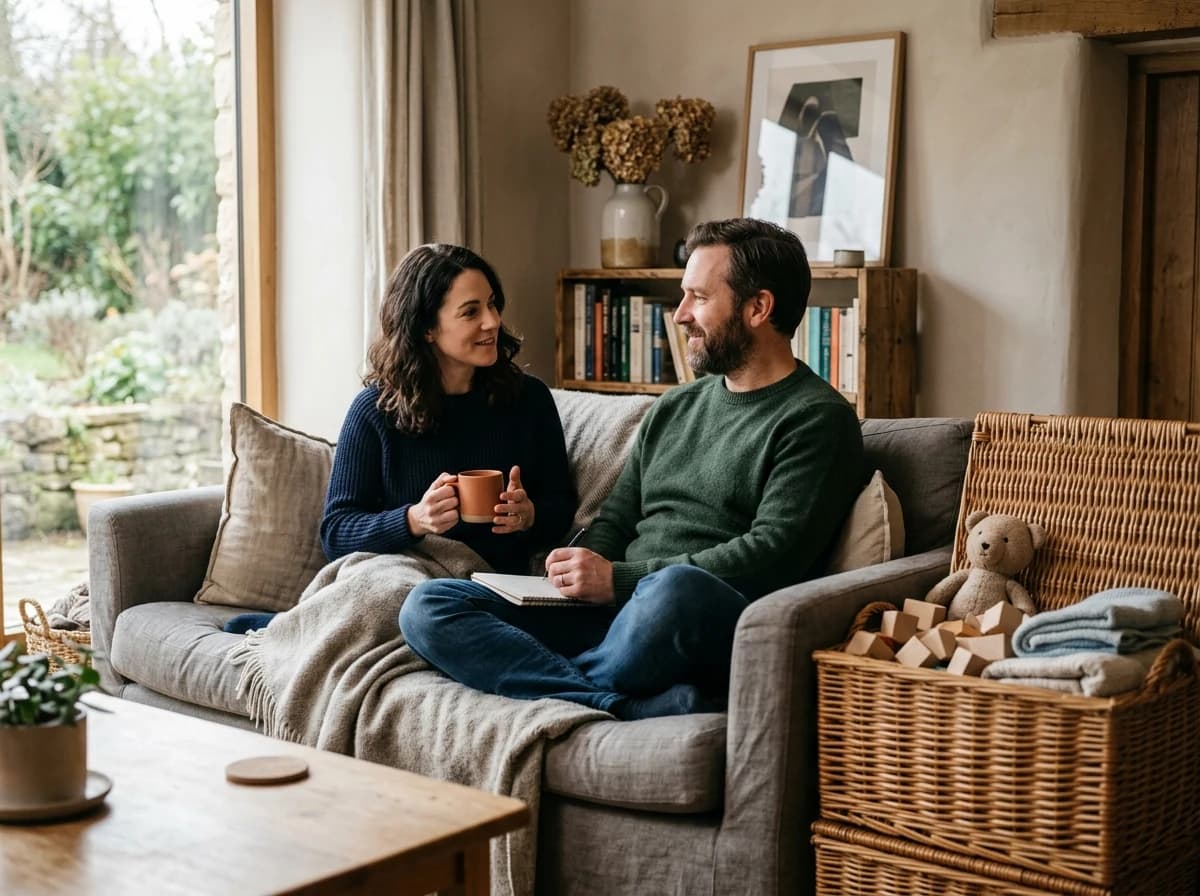 Two fictional adult parents sitting together on a comfortable sofa discussing family routines, children’s toys neatly stored in a wicker basket nearby.