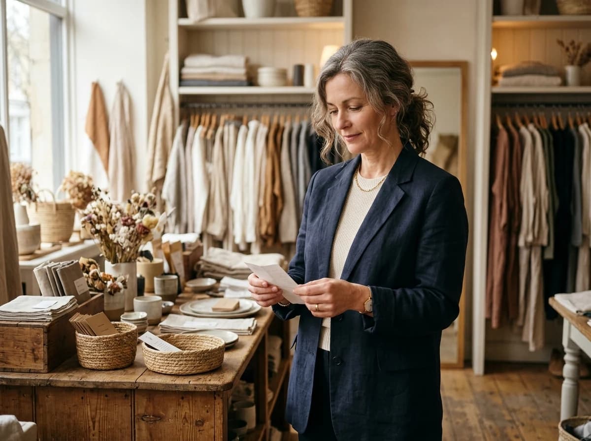 Adult business owner stands in her shop, looking thoughtfully at a small print-out.