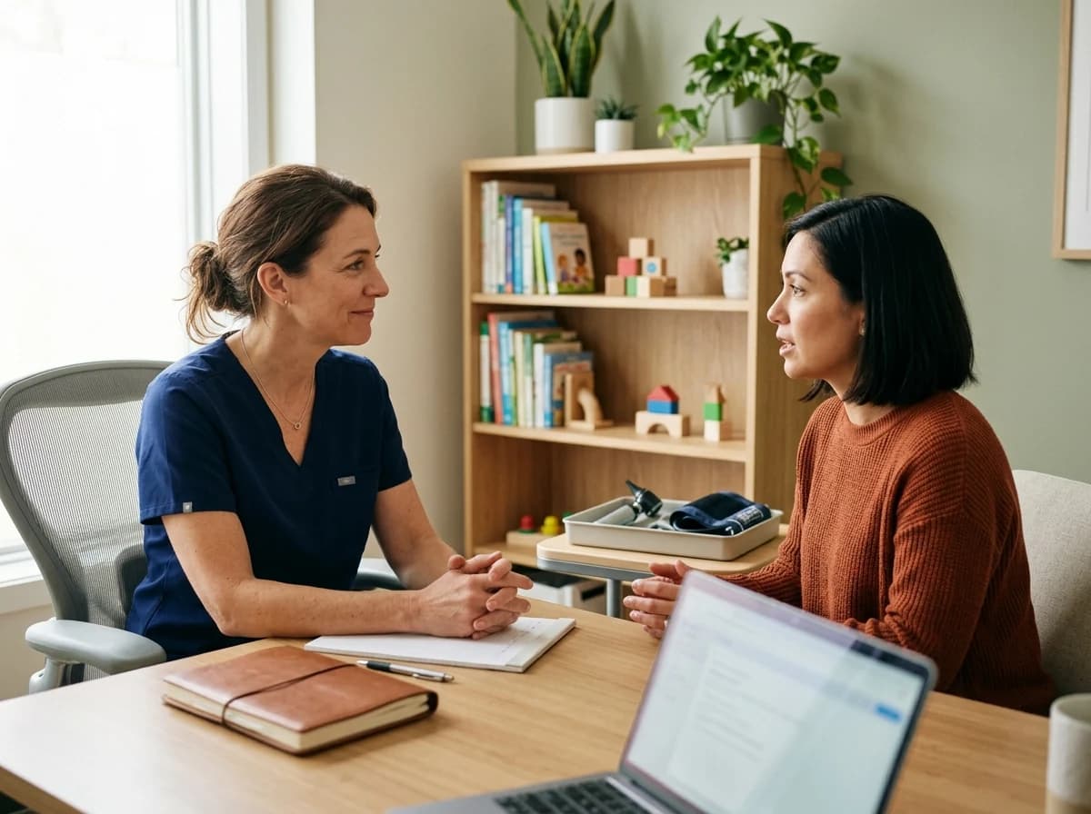 A caring pediatrician consulting with a parent in a clean, professional exam room.