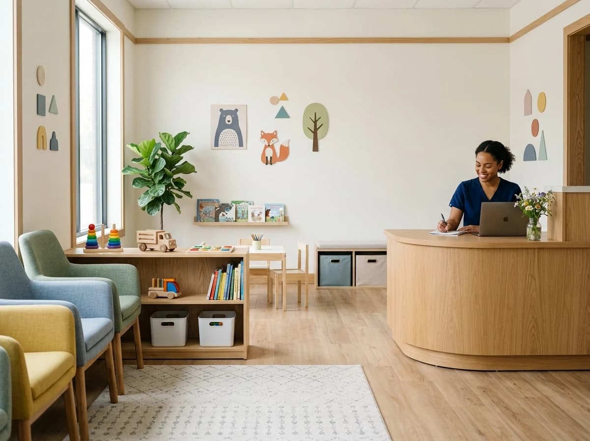 A bright, clean, and inviting pediatric waiting room with colorful, comfortable seating and engaging decor.