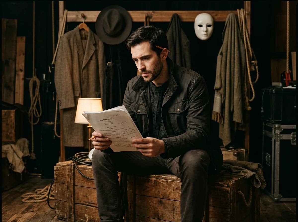 Focused actor reviewing a script backstage, surrounded by props and costume elements.