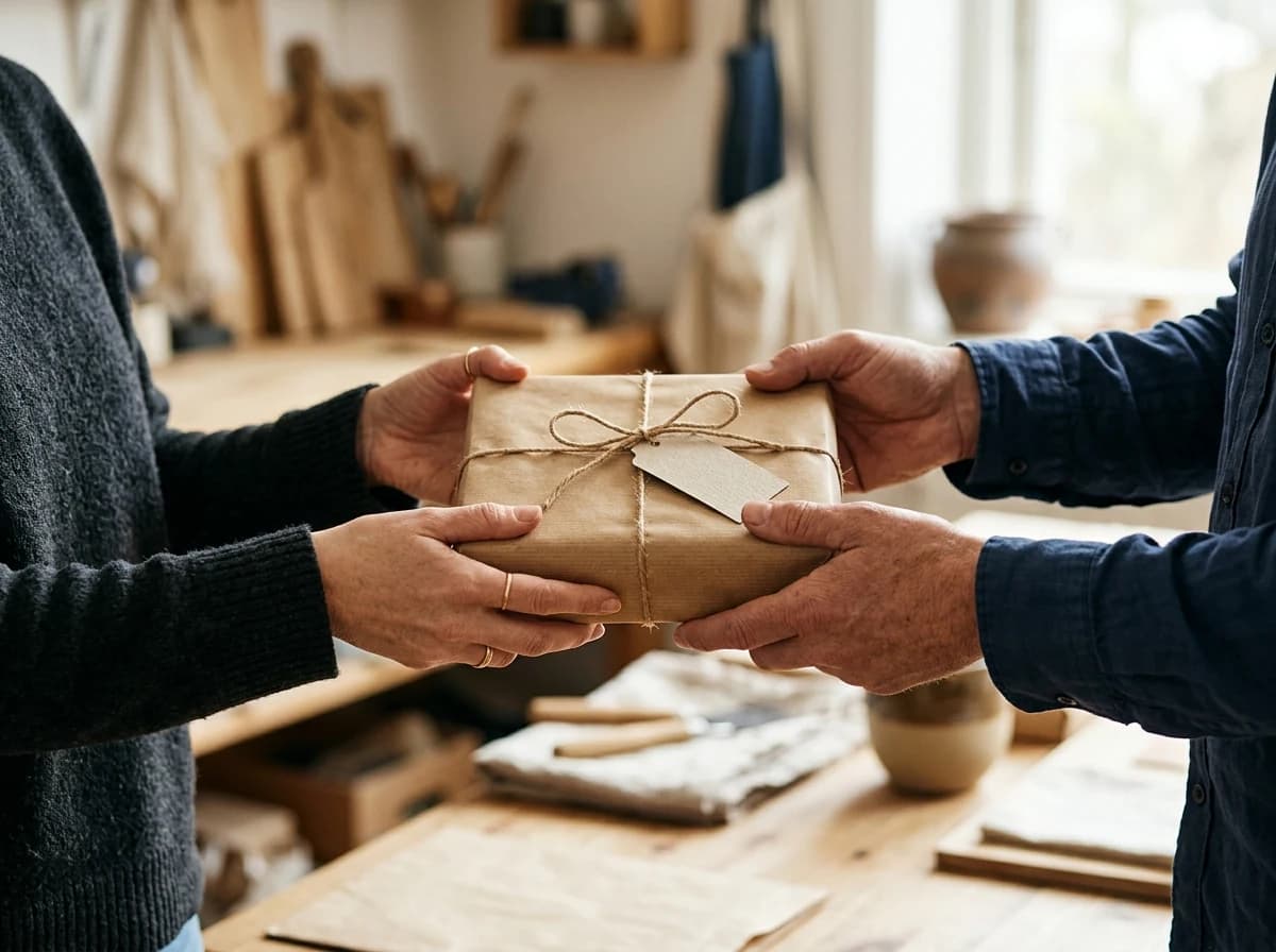 Adult hands receiving a carefully packaged item from another person's hands, implying a smooth delivery or task completion.