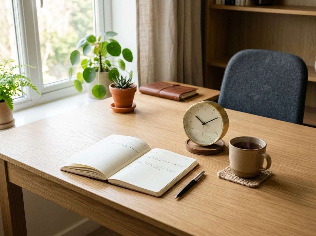 A tidy, aesthetically pleasing home office desk with a classic planner, analog clock, and a cup of tea, bathed in soft morning light.