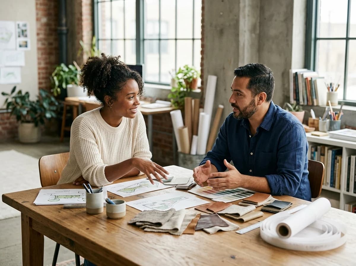 Two creative professionals discussing design concepts over physical sketches and swatches at a table.