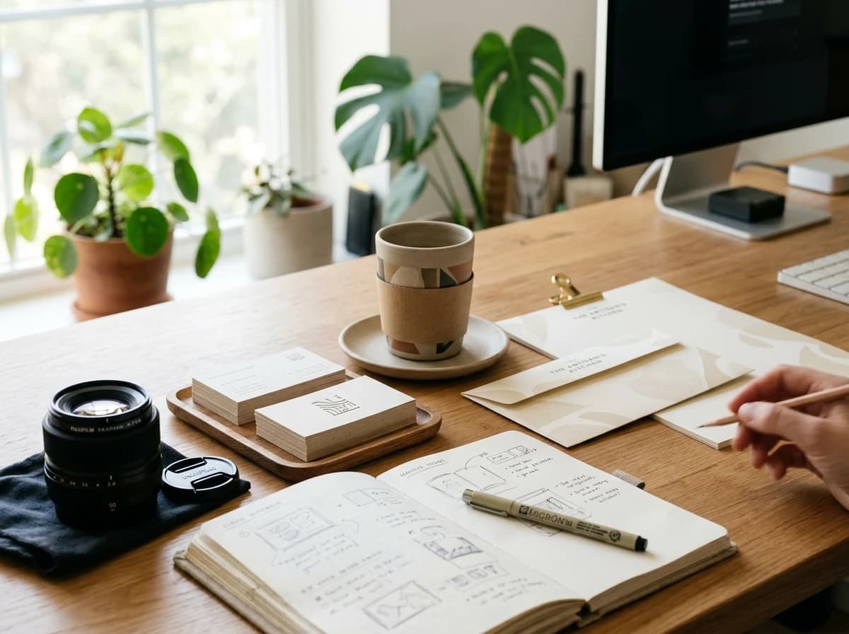 A graphic designer's desk with physical mockups of branding materials and a notebook.
