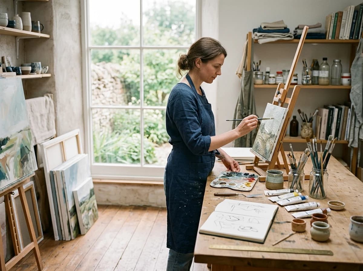 A painter's bright studio with canvases, brushes, and natural light spilling onto a wooden floor.