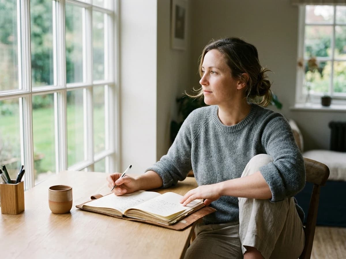 A writer thoughtfully looking out a window with a notebook and pen in hand, bright natural light.