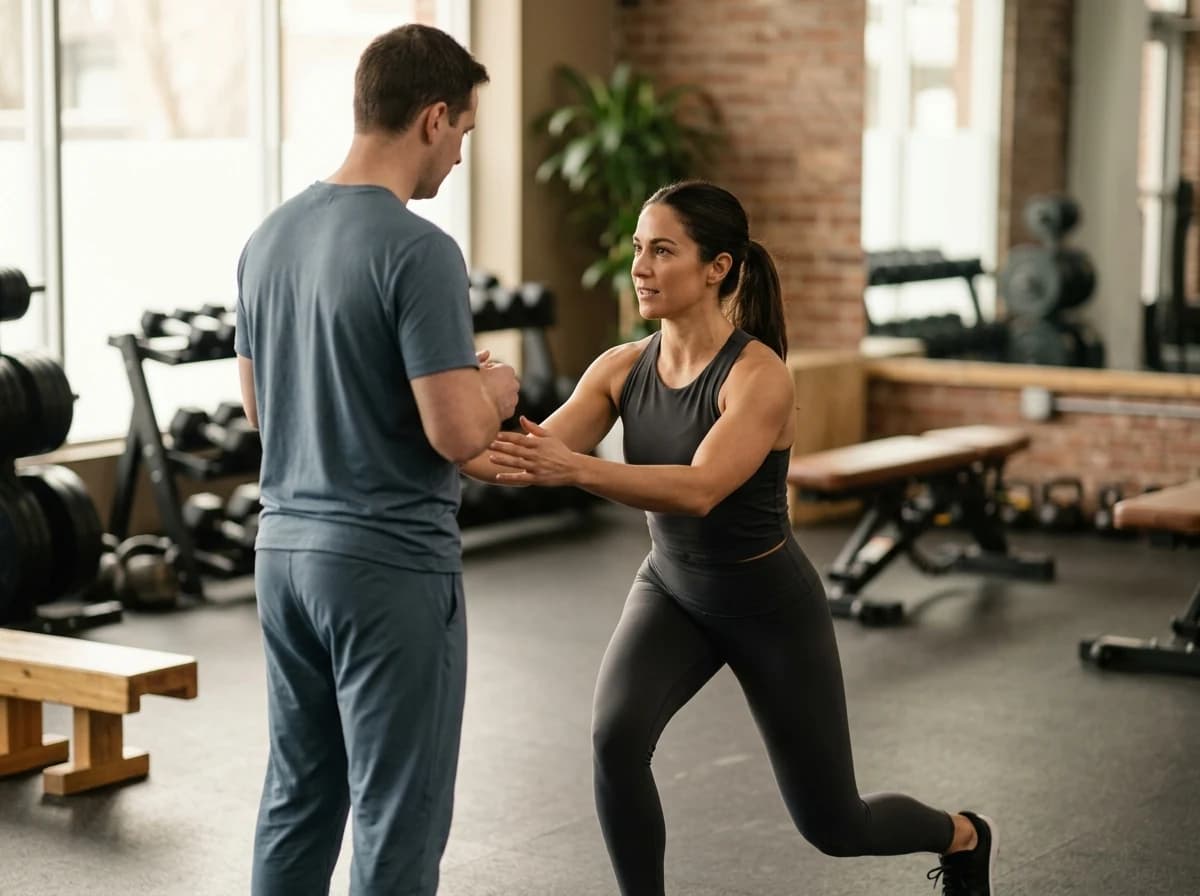 Personal trainer demonstrating proper squat form to a client in a gym.