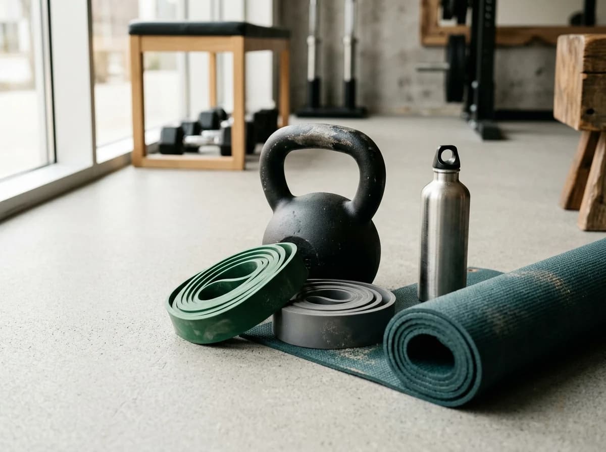 Kettlebell, resistance bands, exercise mat and water bottle neatly arranged on a personal training studio floor.