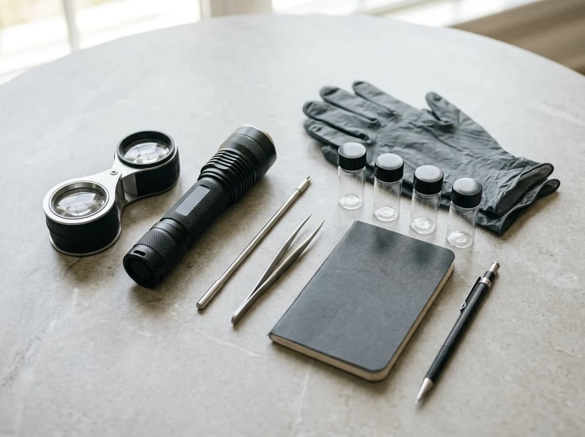 Arrangement of pest control inspection tools: flashlight, magnifier, and small vials.