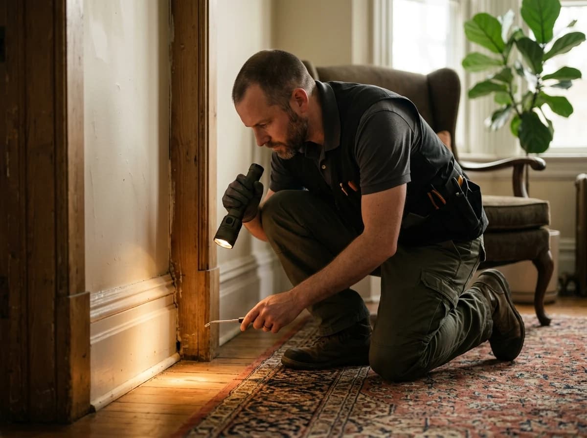 Pest control technician examining a baseboard with a flashlight in a dimly lit corner.
