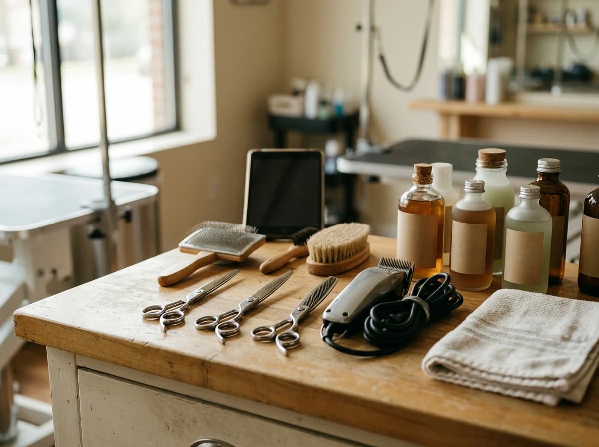 Close-up of a professional pet grooming stylist's array of clean shears, brushes, and clippers.