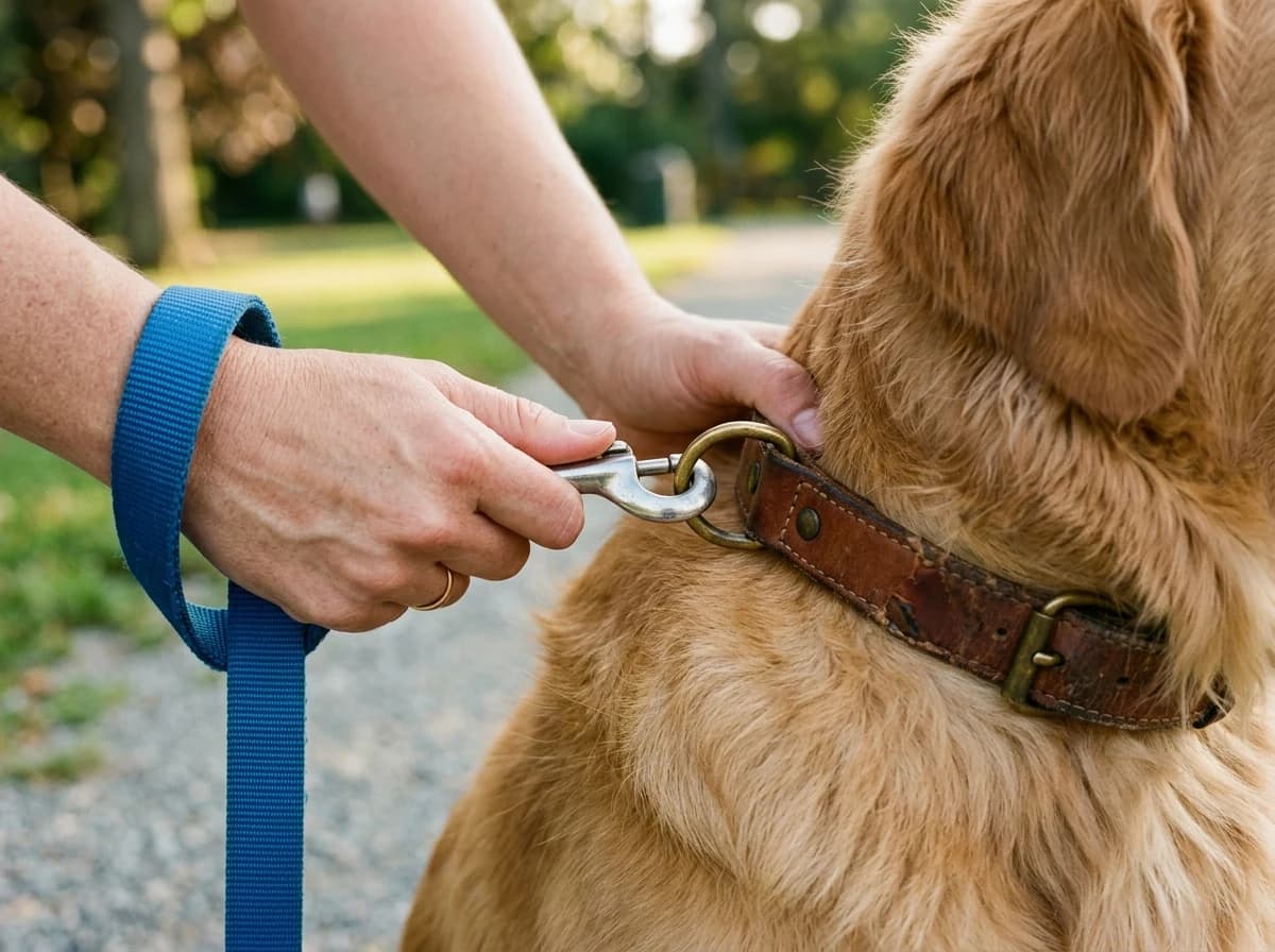 Close-up of a human hand securely clipping a sturdy nylon leash onto a dog's collar, with a golden retriever's fur visible.