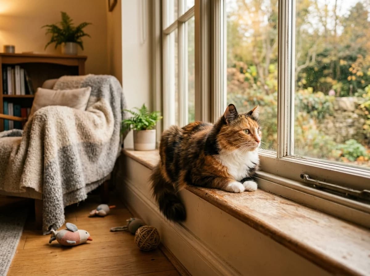 A fluffy domestic shorthair cat contentedly perched on a sunlit window sill, observing the outdoors. A cozy blanket and a few pet toys are visible in the background, suggesting a comfortable home environment.