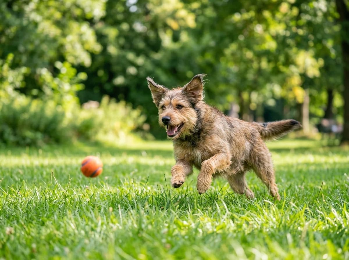 Happy dog running and playing with a toy in a lush green park.