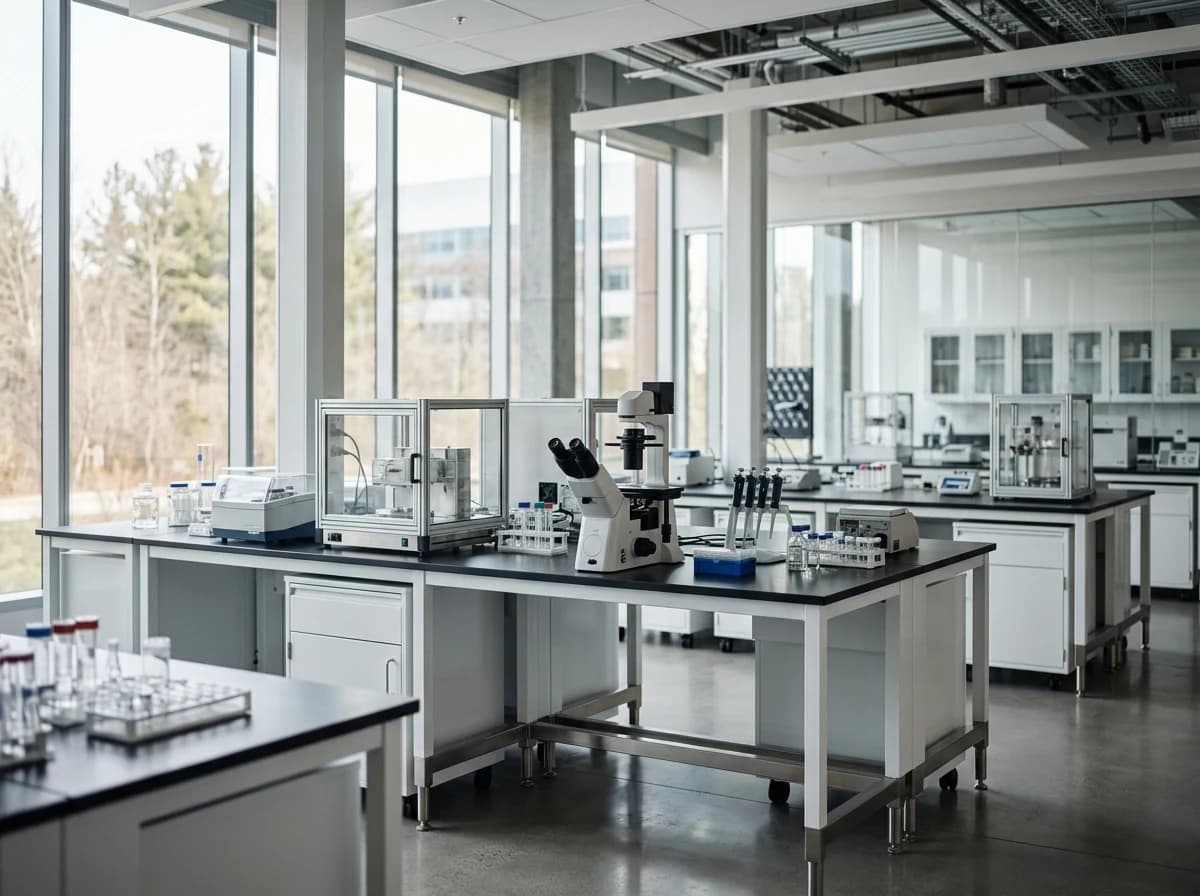 A pharmaceutical research laboratory with clean benches and microscopes.