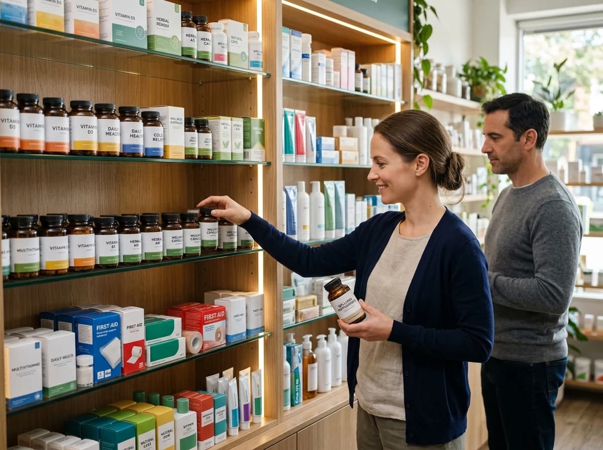 A neatly arranged display of diverse over-the-counter health products in a pharmacy.