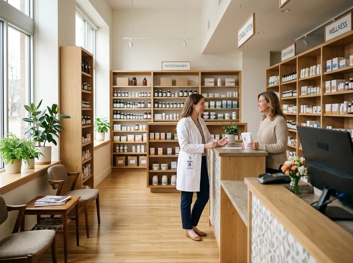 Well-lit interior of a modern independent pharmacy with clean aisles and organized shelves.